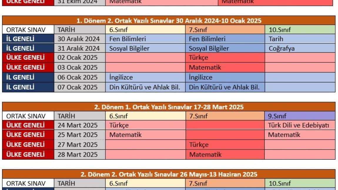 2024-2025 YOZGAT İL MİLLİ EĞİTİM MÜDÜRLÜĞÜ ORTAK SINAVLAR TAKVİMİ